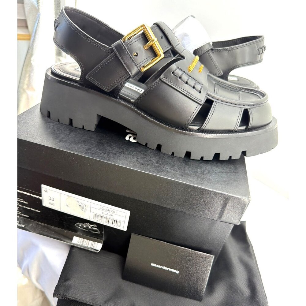 Alexander Wang Carter Cage Sandals Logo Black Leather Chunky Heel Women Size 38 - Picture 11 of 14